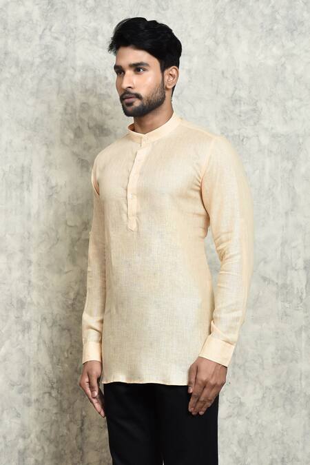 Buy_Arihant Rai Sinha_Peach Linen Yarn Dyed Short Kurta _Online_at_Aza_Fashions