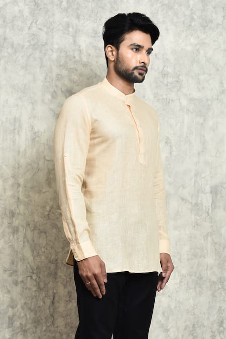 Shop_Arihant Rai Sinha_Peach Linen Yarn Dyed Short Kurta _Online_at_Aza_Fashions