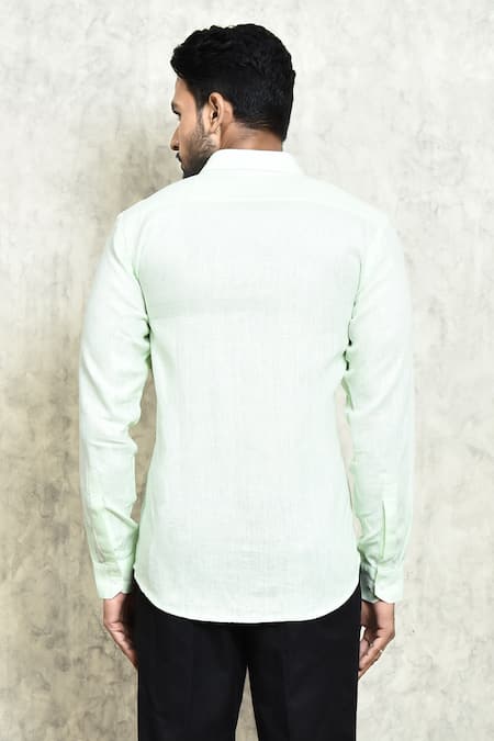 Shop_Arihant Rai Sinha_Green Linen Plain Formal Shirt _at_Aza_Fashions