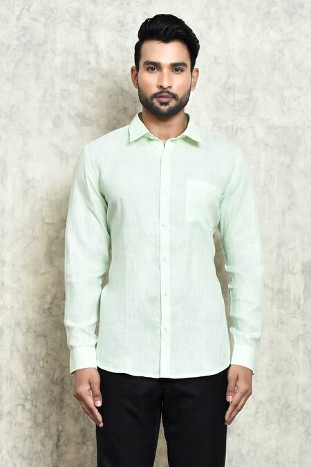 Arihant Rai Sinha_Green Linen Plain Formal Shirt _Online_at_Aza_Fashions
