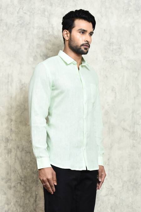 Shop_Arihant Rai Sinha_Green Linen Plain Formal Shirt _Online_at_Aza_Fashions