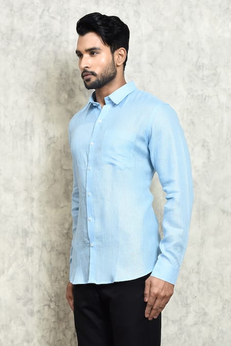 Buy_Arihant Rai Sinha_Blue Linen Yarn Dyed Shirt _Online_at_Aza_Fashions