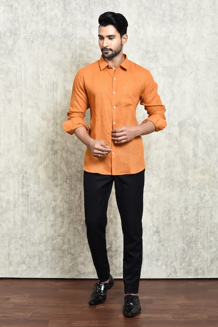 Arihant Rai Sinha Orange Linen Yarn Dyed Button Down Shirt