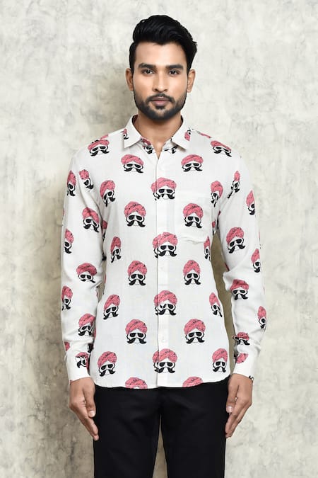 Aryavir Malhotra_White Linen Turban Man Print Shirt_Online_at_Aza_Fashions