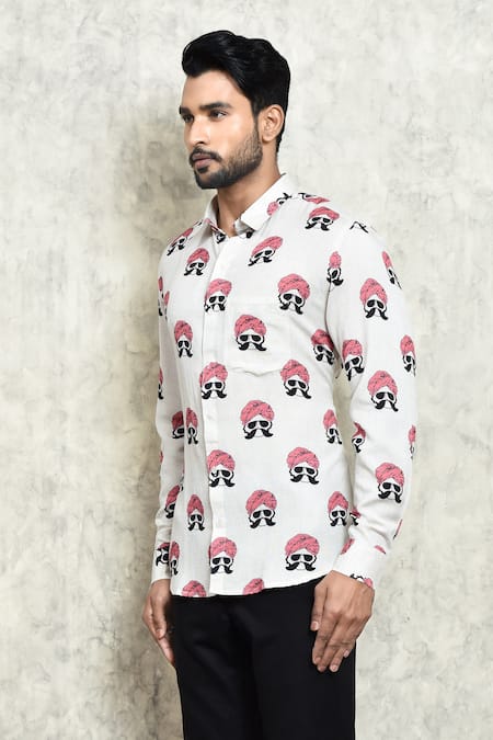 Buy_Aryavir Malhotra_White Linen Turban Man Print Shirt_Online_at_Aza_Fashions
