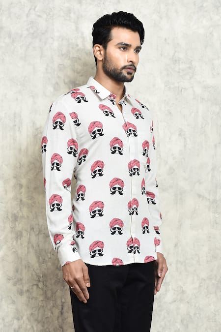 Shop_Aryavir Malhotra_White Linen Turban Man Print Shirt_Online_at_Aza_Fashions