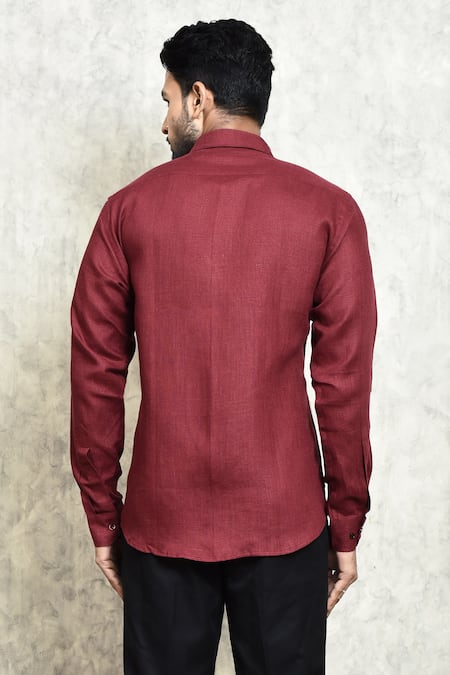 Shop_Arihant Rai Sinha_Maroon Linen Plain Button Down Shirt _at_Aza_Fashions