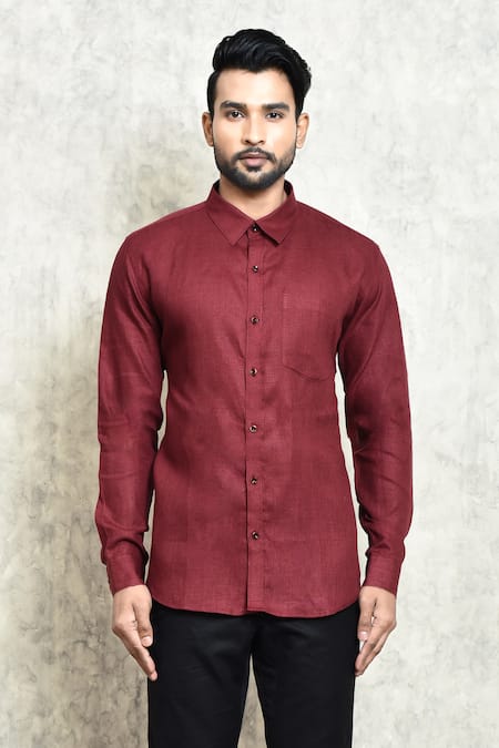 Arihant Rai Sinha_Maroon Linen Plain Button Down Shirt _Online_at_Aza_Fashions