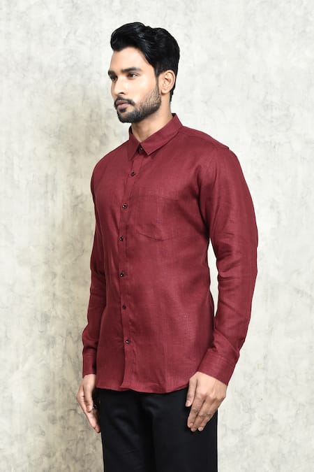 Buy_Arihant Rai Sinha_Maroon Linen Plain Button Down Shirt _Online_at_Aza_Fashions