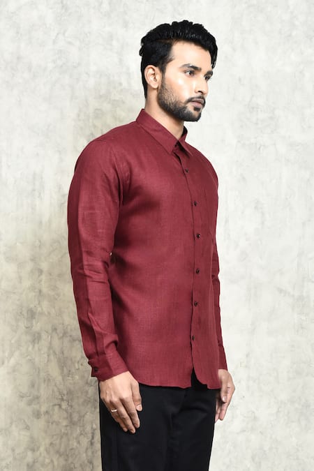 Shop_Arihant Rai Sinha_Maroon Linen Plain Button Down Shirt _Online_at_Aza_Fashions