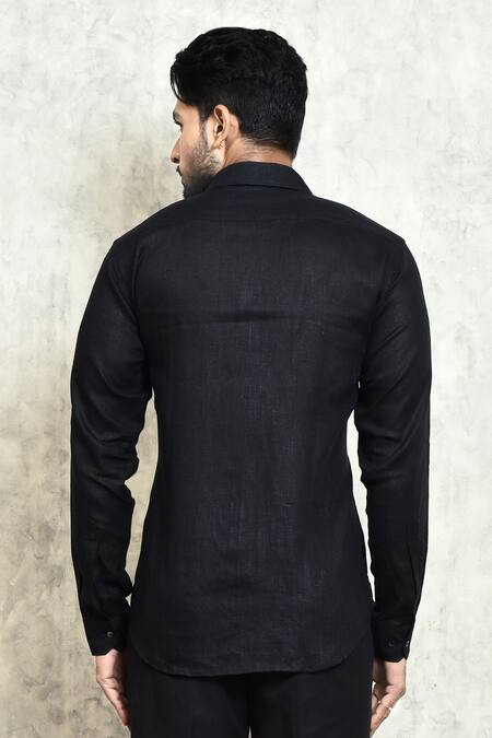 Arihant Rai Sinha Black Linen Yarn Dyed Solid Button Down Shirt  2