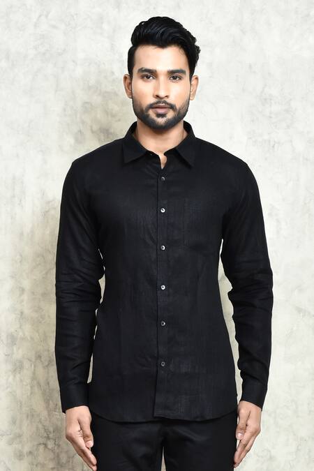 Arihant Rai Sinha Black Linen Yarn Dyed Solid Button Down Shirt  3