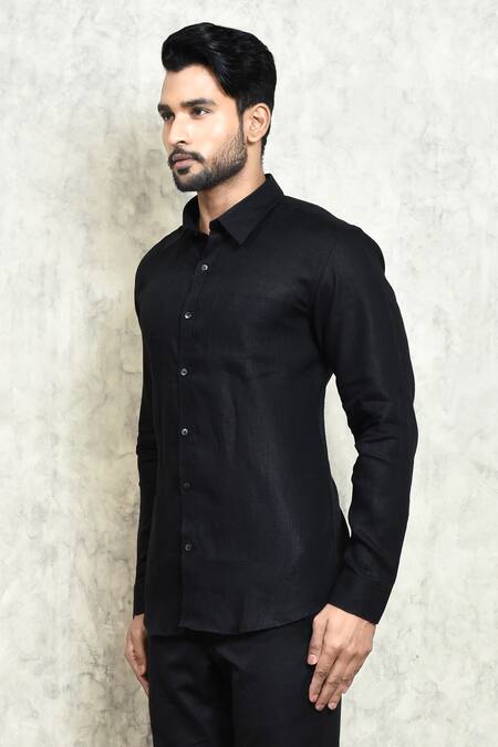 Arihant Rai Sinha Black Linen Yarn Dyed Solid Button Down Shirt  4