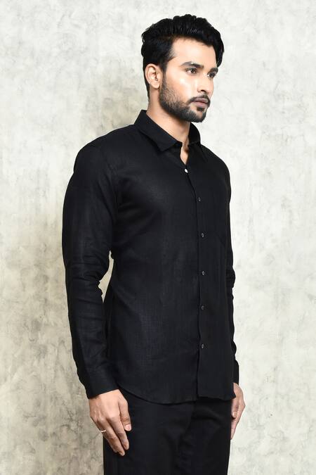 Arihant Rai Sinha Black Linen Yarn Dyed Solid Button Down Shirt  5