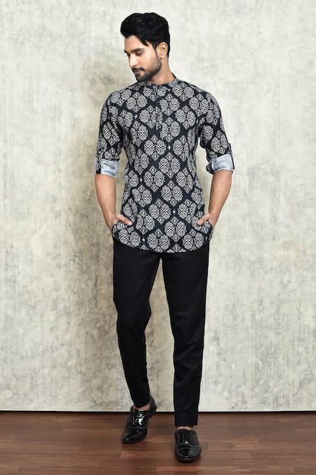 Arihant Rai Sinha Black Linen Printed Digital Long Sleeve Short Kurta 