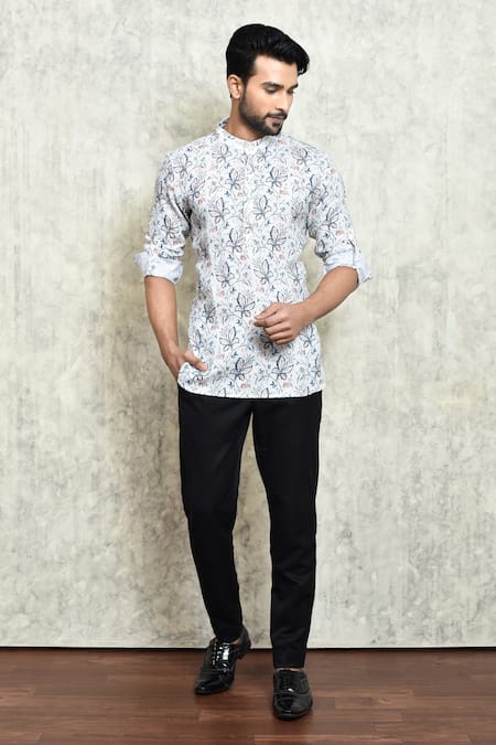 Arihant Rai Sinha White Linen Printed Digital Floral Short Kurta 