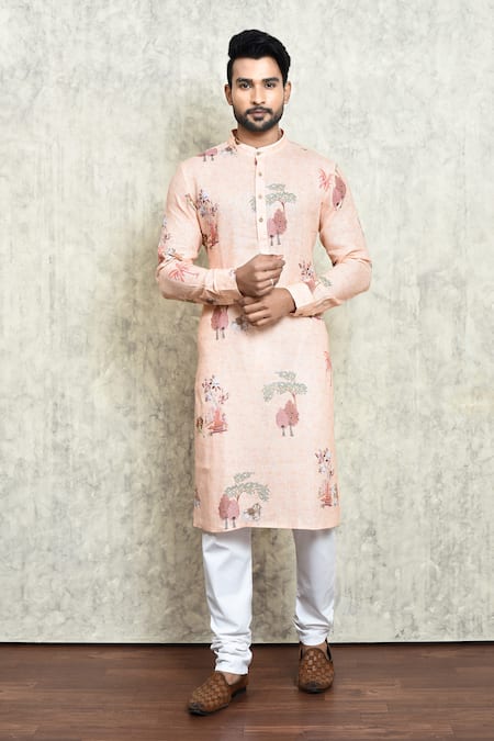 Arihant Rai Sinha Orange Linen Printed Tree And Animal Kurta