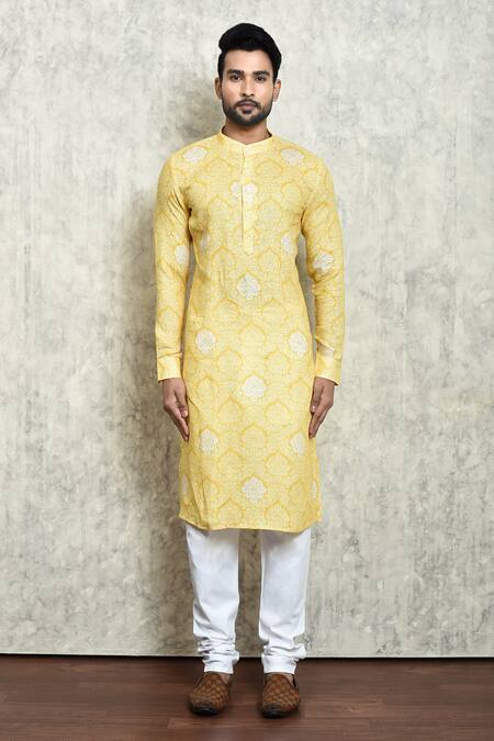 Arihant Rai Sinha_Yellow Linen Embroidery Mughal Print Kurta_Online_at_Aza_Fashions