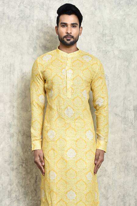 Buy_Arihant Rai Sinha_Yellow Linen Embroidery Mughal Print Kurta_Online_at_Aza_Fashions