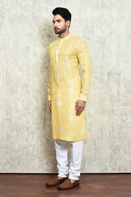 Shop_Arihant Rai Sinha_Yellow Linen Embroidery Mughal Print Kurta_Online_at_Aza_Fashions