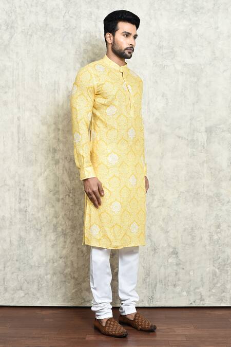 Arihant Rai Sinha_Yellow Linen Embroidery Mughal Print Kurta_at_Aza_Fashions