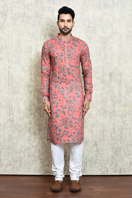 Arihant Rai Sinha_Red Linen Floral Digital Print Long Kurta_Online_at_Aza_Fashions