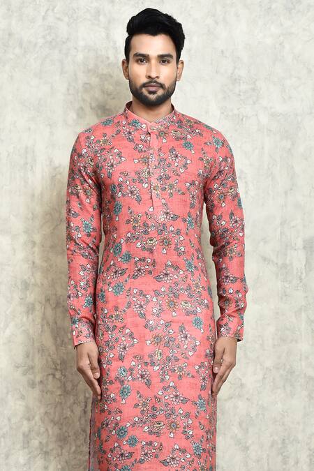 Buy Arihant Rai Sinha Red Linen Floral Digital Print Long Kurta Online at Aza Fashions Buy_Arihant Rai Sinha_Red Linen Floral Digital Print Long Kurta_Online_at_Aza_Fashions