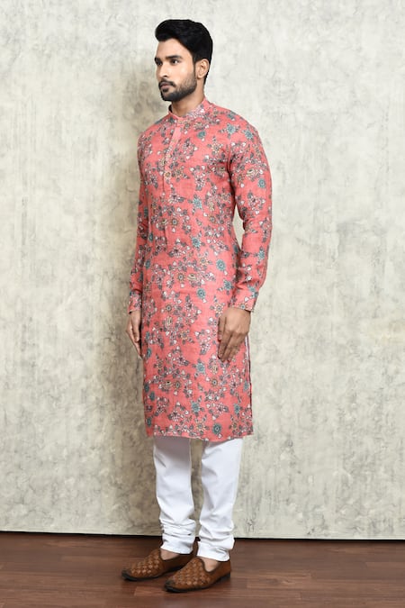 Shop_Arihant Rai Sinha_Red Linen Floral Digital Print Long Kurta_Online_at_Aza_Fashions