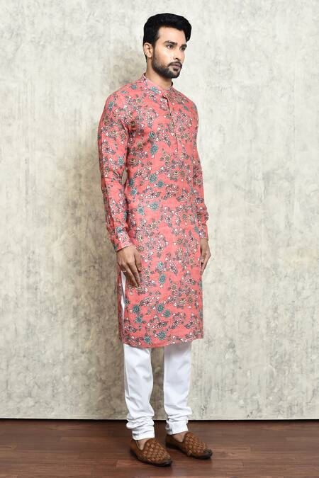 Arihant Rai Sinha_Red Linen Floral Digital Print Long Kurta_at_Aza_Fashions