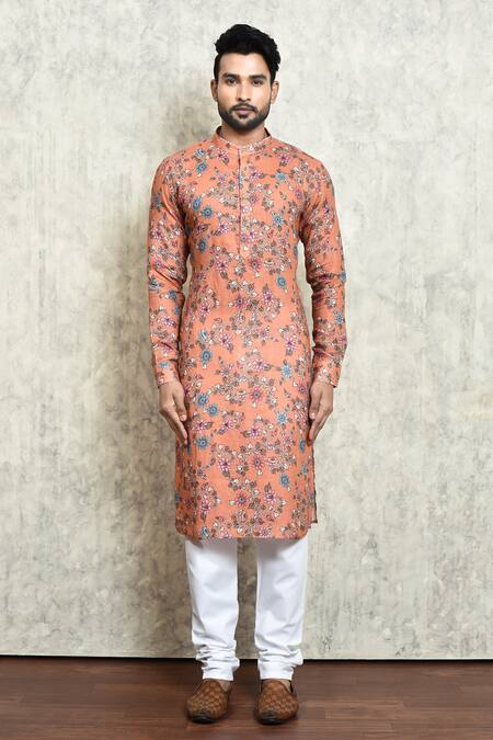 Arihant Rai Sinha_Orange Linen Embroidery Digital Print Long Kurta_Online_at_Aza_Fashions