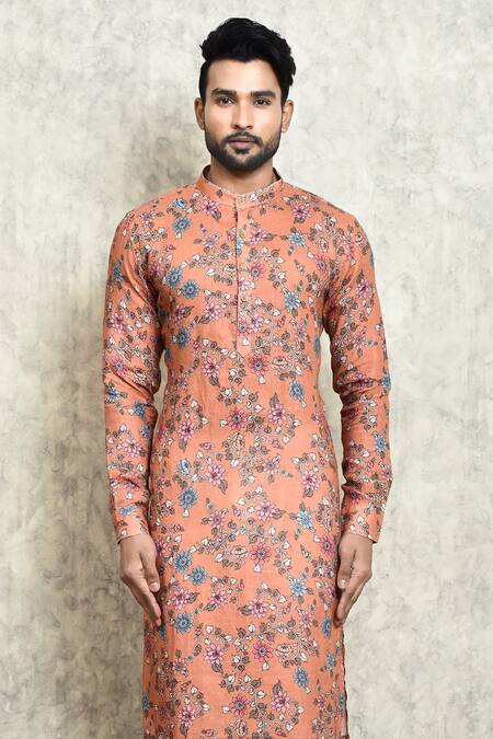 Buy_Arihant Rai Sinha_Orange Linen Embroidery Digital Print Long Kurta_Online_at_Aza_Fashions