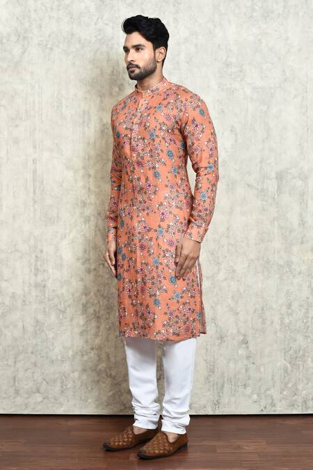 Shop_Arihant Rai Sinha_Orange Linen Embroidery Digital Print Long Kurta_Online_at_Aza_Fashions