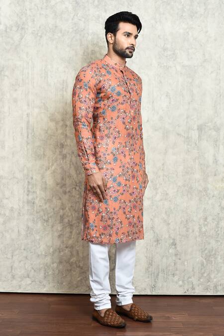 Arihant Rai Sinha_Orange Linen Embroidery Digital Print Long Kurta_at_Aza_Fashions