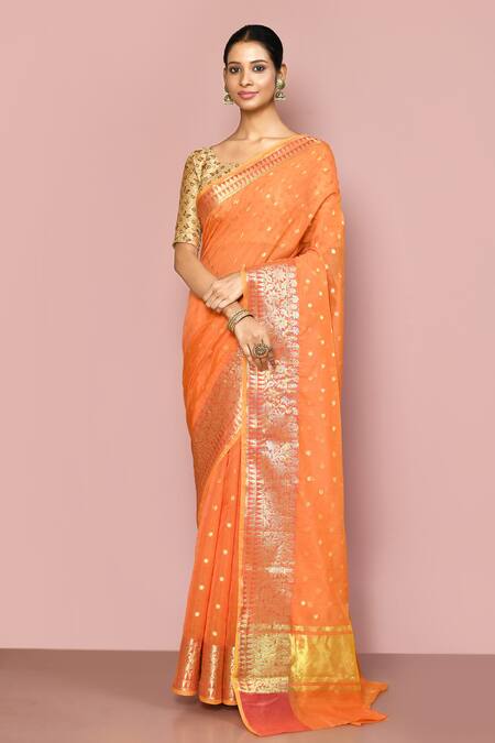 Radiant Sunset Glamour: Premium Orange Saree with Floral Embroidery