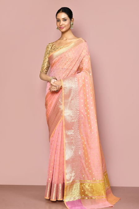 Nazaakat by Samara Singh Pink Saree Chanderi Silk Woven Geometric And Paisley With Running Blouse