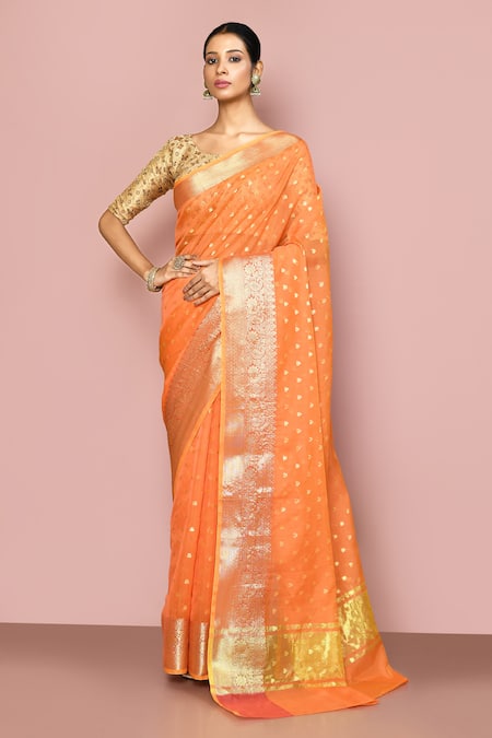 Nazaakat by Samara Singh Orange Saree Chanderi Silk Woven Abstract With Running Blouse