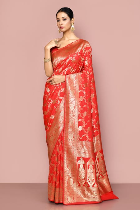 Nazaakat by Samara Singh Red Saree Banarasi Silk Woven Floral Jaal And Vintage Pattern With Running Blouse