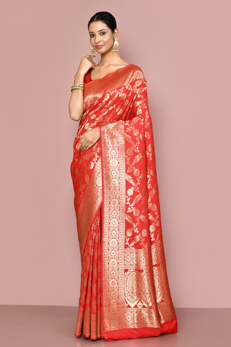 Nazaakat by Samara Singh Red Saree Banarasi Silk Woven Floral Jaal And Paisley Pattern With Running Blouse