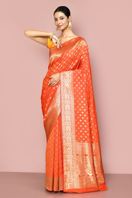 Nazaakat by Samara Singh Orange Saree Banarasi Silk Woven Fleur De Lis Pattern With Running Blouse