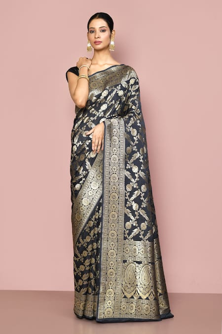 Nazaakat by Samara Singh Black Saree Banarasi Silk Woven Floral Jaal And Paisley With Running Blouse