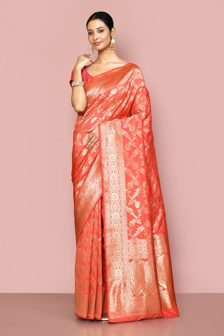Nazaakat by Samara Singh Orange Saree Banarasi Silk Woven Floral Pattern With Running Blouse