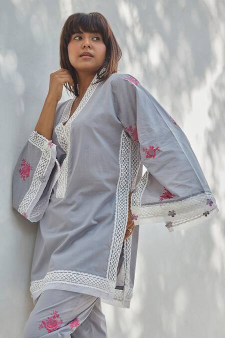 BO Tree Grey Cotton Lace, Embroidery V-neck Ocean Breeze Floral Kurta With Pant Online at Aza Fashions BO Tree_Grey Cotton Lace, Embroidery V-neck Ocean Breeze Floral Kurta With Pant _Online_at_Aza_Fashions