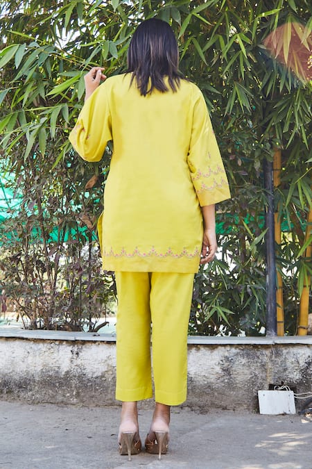 Shop BO Tree Yellow Cotton Embroidery Split Walk In Sunlight Floral Vine Kurta With Pant at Aza Fashions Shop_BO Tree_Yellow Cotton Embroidery Split Walk In Sunlight Floral Vine Kurta With Pant _at_Aza_Fashions