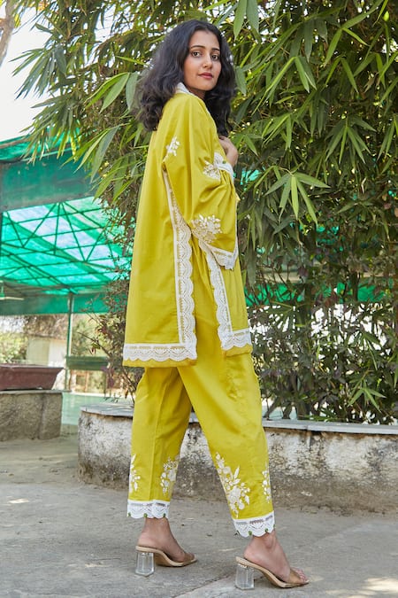 Shop BO Tree Yellow Cotton Embroidery, Lace Scent Of Summer Floral Lacework Kurta With Pant at Aza Fashions Shop_BO Tree_Yellow Cotton Embroidery, Lace Scent Of Summer Floral Lacework Kurta With Pant _at_Aza_Fashions