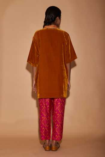 Shop BO Tree Yellow Velvet Embroidery Plunge Neck Zoha Top at Aza Fashions Shop_BO Tree_Yellow Velvet Embroidery Plunge Neck Zoha Top_at_Aza_Fashions