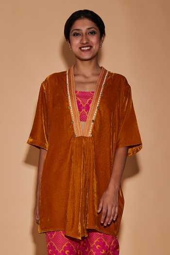 BO Tree Yellow Velvet Embroidery Plunge Neck Zoha Top Online at Aza Fashions BO Tree_Yellow Velvet Embroidery Plunge Neck Zoha Top_Online_at_Aza_Fashions