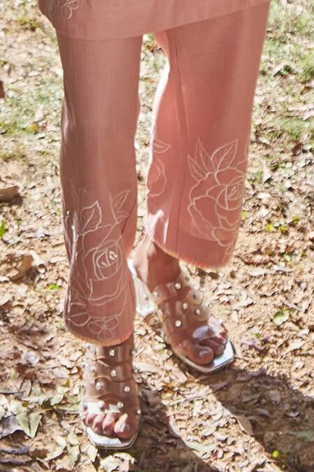 Shop BO Tree Pink Cotton Embroidery V-neck Rose Walk Kurta With Pant Online at Aza Fashions Shop_BO Tree_Pink Cotton Embroidery V-neck Rose Walk Kurta With Pant _Online_at_Aza_Fashions