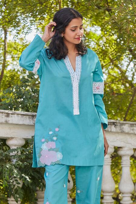 BO Tree Blue Cotton Applique, Embroidery Bright N Beautiful Organic Kurta With Pant Online at Aza Fashions BO Tree_Blue Cotton Applique, Embroidery Bright N Beautiful Organic Kurta With Pant _Online_at_Aza_Fashions