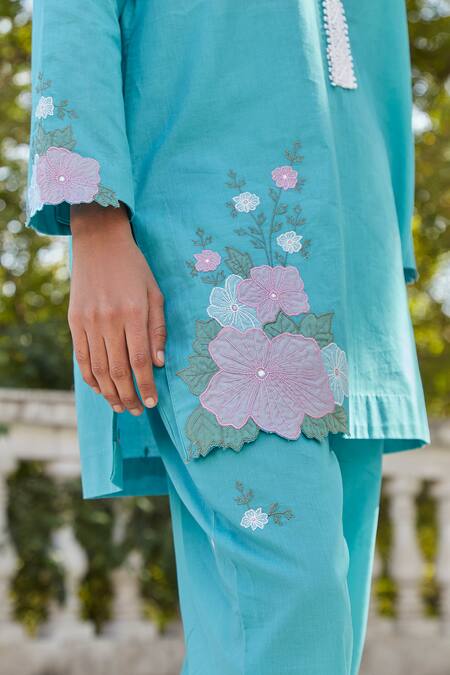 Buy BO Tree Blue Cotton Applique, Embroidery Bright N Beautiful Organic Kurta With Pant Online at Aza Fashions Buy_BO Tree_Blue Cotton Applique, Embroidery Bright N Beautiful Organic Kurta With Pant _Online_at_Aza_Fashions
