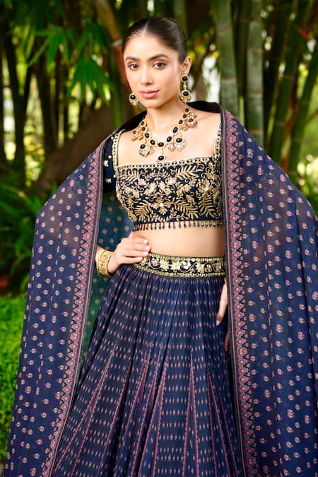 Rashika Sharma Blue Chiffon Sequins, Beads Square Neck Jahaan Printed Bridal Lehenga Set Online at Aza Fashions Rashika Sharma_Blue Chiffon Sequins, Beads Square Neck Jahaan Printed Bridal Lehenga Set _Online_at_Aza_Fashions